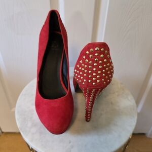 Kelsi Dagger Red Suede Studded Platform Stiletto Heels Size 10